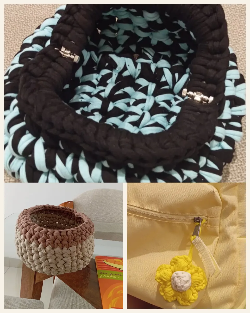 Cosmetiquera, porta objetos y llaverito flor tejidos en crochet