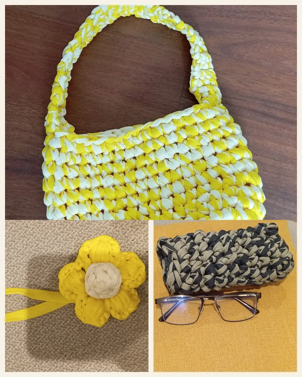Cartera, llaverito flor y porta lentes tejidos en crochet